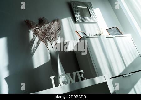 Vista di un armadio con alcune cornici, uno specchio e un vaso con punte in una stanza bianca con la luce del mattino proveniente dalla finestra, e la parola lo Foto Stock