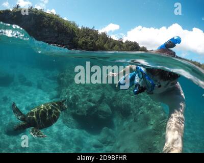 Uomo snorkeling in oceano con una tartaruga marina, Maui, Hawaii, Stati Uniti Foto Stock