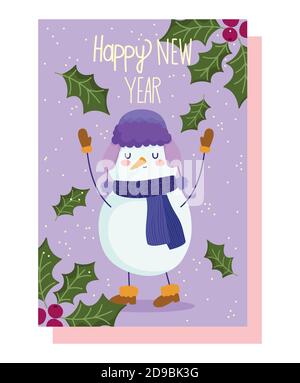 felice anno nuovo 2021, pupazzo di neve con cappello sciarpa e stivali decorazione carta illustrazione vettoriale Illustrazione Vettoriale