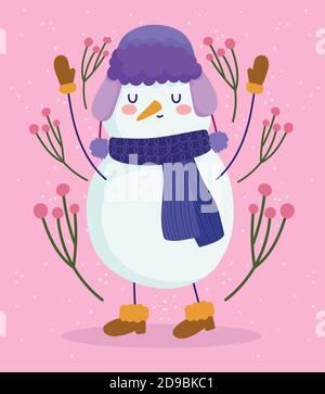 felice anno nuovo 2021, pupazzo di neve con foulard e stivali cappello, decorazione floreale illustrazione vettoriale Illustrazione Vettoriale