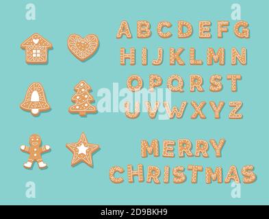 Gingerbread cookie raccolta, carino alfabeto natale e cookie. Illustrazione Vettoriale in stile piatto Illustrazione Vettoriale