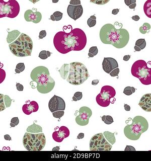 Acorno vettoriale stilizzato, mele, foglie di quercia senza cuciture motivo sfondo. Elegante borgogna, verde, sfondo bianco di frutta elegante, noci in Jacobia Illustrazione Vettoriale