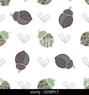 Acorn vettoriale stilizzato e foglie di quercia senza cuciture motivo sfondo. Sfondo di eleganti noci della foresta disegnate a mano in stile Jacobino. Elegante design barocco Illustrazione Vettoriale
