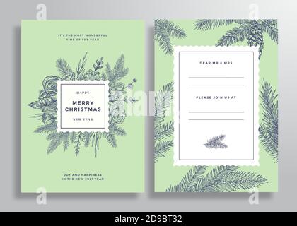 Biglietto d'auguri, poster o sfondo per la cornice quadrata Vector Abstract di Natale. Back and Front Invitation Design Layout con tipografia di classe. Schizzo Illustrazione Vettoriale