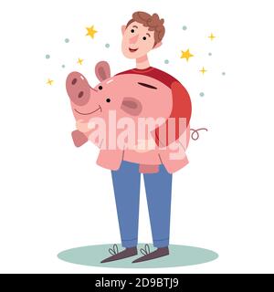 Uomo felice che tiene un grande piggy bank.Successful economia concept.Simple illustrazione. Illustrazione Vettoriale