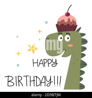 Simpatico dinosauro con un cupcake sulla sua testa augura buon compleanno.Happy Dino. Biglietto d'auguri. Concetto per i bambini stampa. Illustrazione Vettoriale