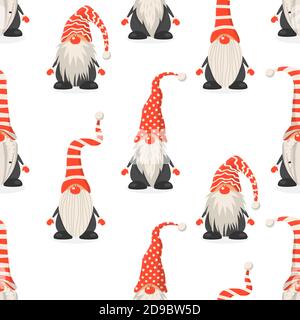 Modello senza cuciture Vector con Gnomi in carino di Natale scandinavo con cappucci rossi in stile piatto. Nani. Modello di disegno per buon Natale e felice nuovo Illustrazione Vettoriale
