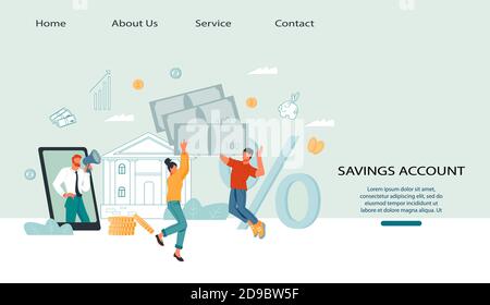 Conto di risparmio e famiglia di risparmio banner sito web flat vettore illustrazione. Illustrazione Vettoriale