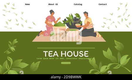Modello di sito web per teawhouse cafè con persone che bevono tè vettore illustrazione. Illustrazione Vettoriale