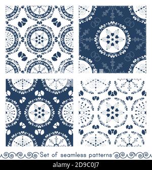 Set di motivi senza giunture tema di natale. Belle mandala e Frieze intorno con angeli. Fiocchi di neve, cuori e spirali. Colori bianco e blu. Vettore Illustrazione Vettoriale