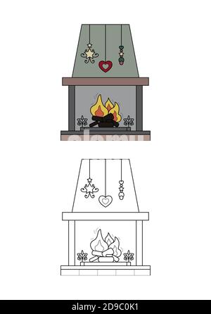 Legna camino. Atmosfera confortevole. Pagina da colorare per bambini. Illustrazione vettoriale. Illustrazione Vettoriale