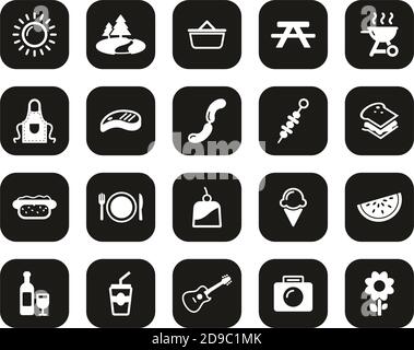 Icone picnic o barbecue Bianco su Black Flat Design Set Grande Illustrazione Vettoriale