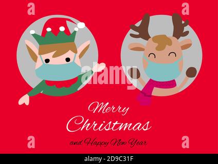 elf e renna sono nel foro circolare e indossare maschere Con felicità con il disegno della scheda di invito di Natale, illustrazione vettoriale Illustrazione Vettoriale