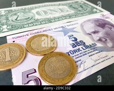 Un dollaro americano e cinque banconote turche di lira e tre monete turche. La lira turca si devaluta contro il dollaro americano Foto Stock