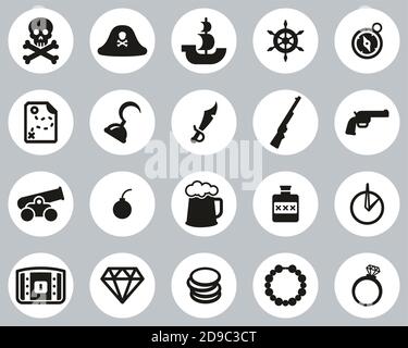 Icone pirata Bianco e nero Design piatto cerchio Set Grande Illustrazione Vettoriale