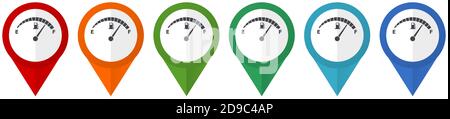 Indicatore di livello del carburante, indicatori vettoriali del cruscotto per auto a benzina, set di icone colorate dal design piatto isolate su sfondo bianco Illustrazione Vettoriale