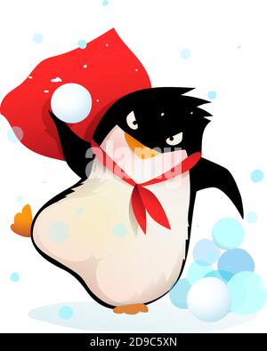 Pinguino arrabbiato in cappello giocando lanciando palle di neve Illustrazione Vettoriale