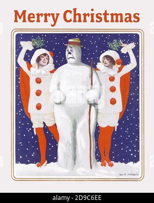 Buon Natale Snowman con due ragazze. stile anni '20. Natale in un modo vintage Foto Stock