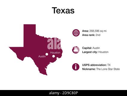 Mappa dello stato con informazioni demografiche politiche e città più grandi Foto Stock