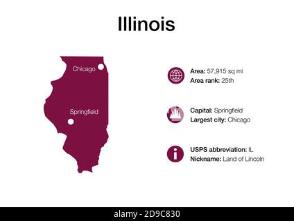 Mappa dello stato con informazioni demografiche politiche e città più grandi Foto Stock