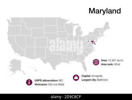 Mappa dello stato con informazioni demografiche politiche e città più grandi Foto Stock
