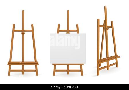 Cavalletti in legno o tavole da pittura con vista frontale e laterale in tela bianca. Illustrazione dei poster vuoti mockup. Legno è vuoto e con carta, attrezzature per artisti, immagini vettoriali 3d realistiche, set Illustrazione Vettoriale