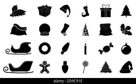 Set di icone silhouette natalizie. Collezione di nero dicembre simbolo di vacanza. Illustrazione in bianco e nero isolata su sfondo bianco. Holly Berry, sa Illustrazione Vettoriale