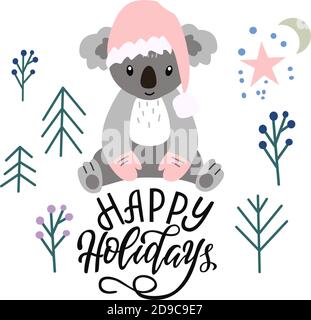 Immagine vettoriale di un simpatico orso koala con elementi di ramoscelli, stelle, scritte - buone vacanze - su sfondo bianco. Per la progettazione di Illustrazione Vettoriale