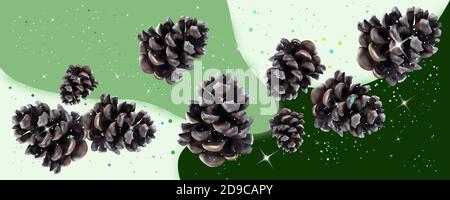 Capodanno, coni di pino di Natale. Buon Natale concetto di vacanze. Immagine vettoriale 3D dei coni di pino su sfondo bianco-verde Illustrazione Vettoriale