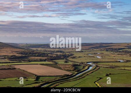 Affacciato sul fiume Ouse e sulla campagna del Sussex, dal Monte Caburn vicino a Lewes Foto Stock