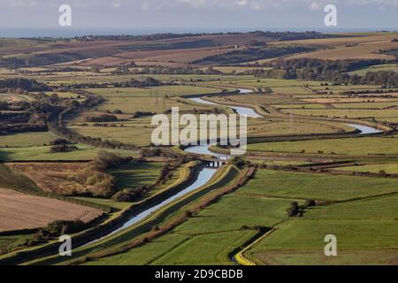 Affacciato sul fiume Ouse e sulla campagna del Sussex, dal Monte Caburn vicino a Lewes Foto Stock