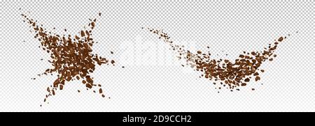 Esplosione di caffè, esplosione realistica di polvere di fagiolo macinato con schizzi di particelle marroni, granuli volanti, elementi di design per bevande o caffè isolati su sfondo trasparente, illustrazione vettoriale 3d Illustrazione Vettoriale