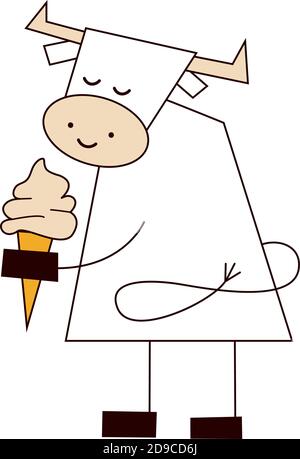 Felice anno nuovo 2021. L'anno dell'Ox. Divertente toro carino kawaii, mucca con gelato. Mangiare all'aperto. Illustrazione vettoriale in stile cartone animato isolato su Illustrazione Vettoriale