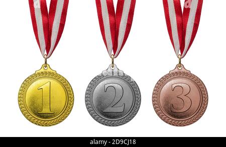 Medaglie d'oro, d'argento, di bronzo ( prima, seconda, terza ) su sfondo bianco isolato Foto Stock