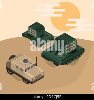 carri armati armati armati militari con razzi e humvee con mitragliatrice illustrazione vettoriale Illustrazione Vettoriale