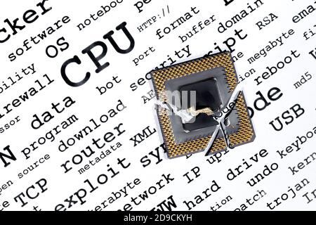 Un incrinato, rotto di appoggio della CPU sul computer parole chiave correlate. Foto Stock