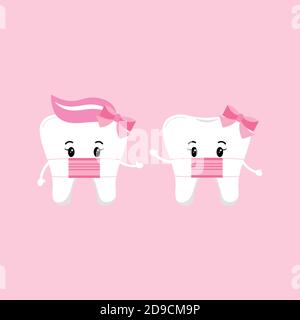 Carino dente ragazza indossare maschera medica set isolato su sfondo. Illustrazione Vettoriale