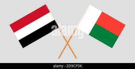 Bandiere incrociate del Madagascar e dello Yemen. Colori ufficiali. Proporzione corretta. Illustrazione vettoriale Illustrazione Vettoriale