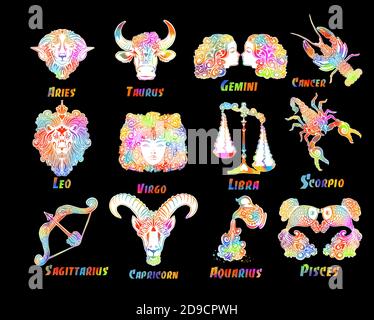 Una serie di segni zodiacali. Stampa T-shirt. Simbolo del tatuaggio. Supporti misti. Oggetti multicolore. Illustrazione vettoriale Illustrazione Vettoriale
