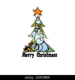 Buon Natale card. Albero di Natale fatto di pupazzi di neve. Illustrazione vettoriale Illustrazione Vettoriale