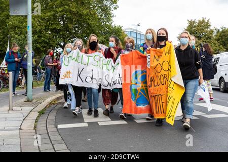 Gottingen, Germania. Autunno 2020. Venerdì per il futuro. Gruppo di giovani donne che hanno la bandiera che marciano contro il cambiamento climatico. Foto Stock