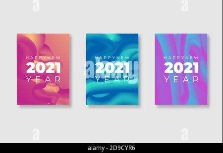 Illustrazione vettoriale felice anno nuovo 2021. Poster di saluto con colorata forma fluida astratta. Design alla moda. Illustrazione Vettoriale