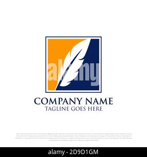 justice consulente legale concetto di progettazione logo in piuma ed elemento quadrato. Vettore Premium Illustrazione Vettoriale