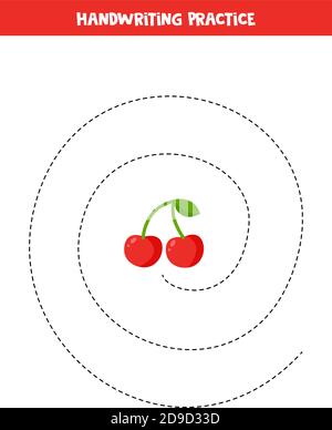 Tracciatura delle linee con ciliegio. Abilità di scrittura pratica per i capretti. Illustrazione Vettoriale