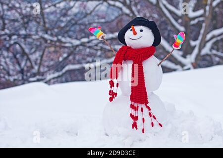 Innevamento felice con le scatole del regalo che si levano in piedi nel paesaggio di Natale di inverno. Simpatico pupazzo di neve in elegante cappello e sciarpa su campo innevato. Uomini di neve. Foto Stock