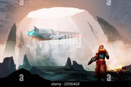 Illustrazione digitale pittura disegno stile un soldato futuristico in piedi nella grotta e guardando alla navicella spaziale, contro lava e magma in grotta. Foto Stock