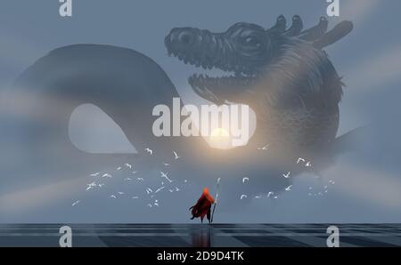 wizard convocando un drago cinese, contro la luce del sole al mattino, illustrazione digitale pittura stile di disegno. Foto Stock