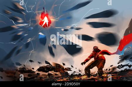 Illustrazione digitale pittura disegno stile un uomo che vola è in palla di energia e che attacca dalla roccia ad un uomo a terra, contro il terremoto. Foto Stock