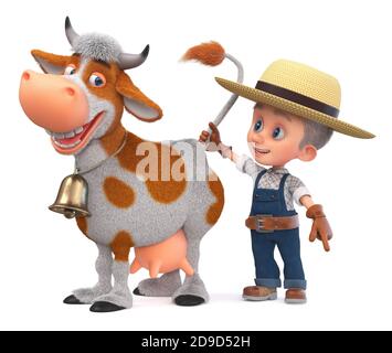 Illustrazione 3D bambino in un cappello di paglia è impegnato in allevamento animale Foto Stock