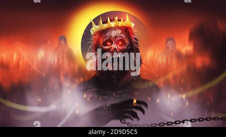 Illustrazione digitale disegno pittura stile il re inferno, padrone fantasma in inferno contro eclissi di sangue. Foto Stock